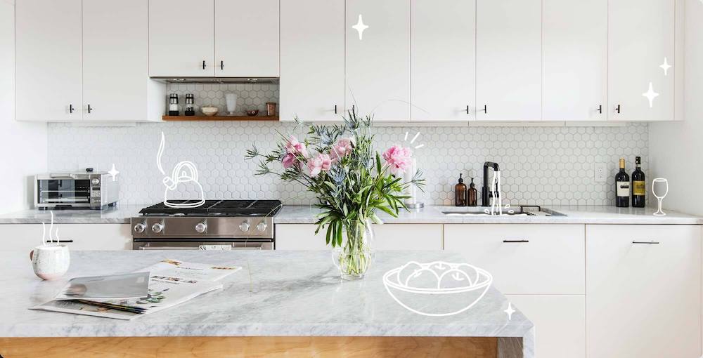 Image graphic of a kitchen with gray marble counters