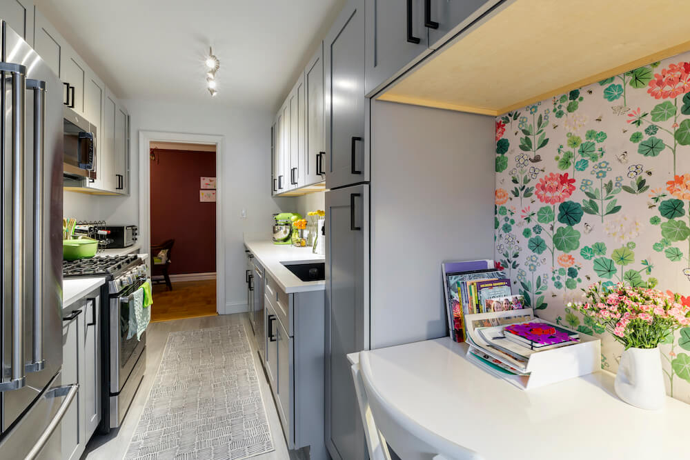 Kitchen desk within galley kitchen
