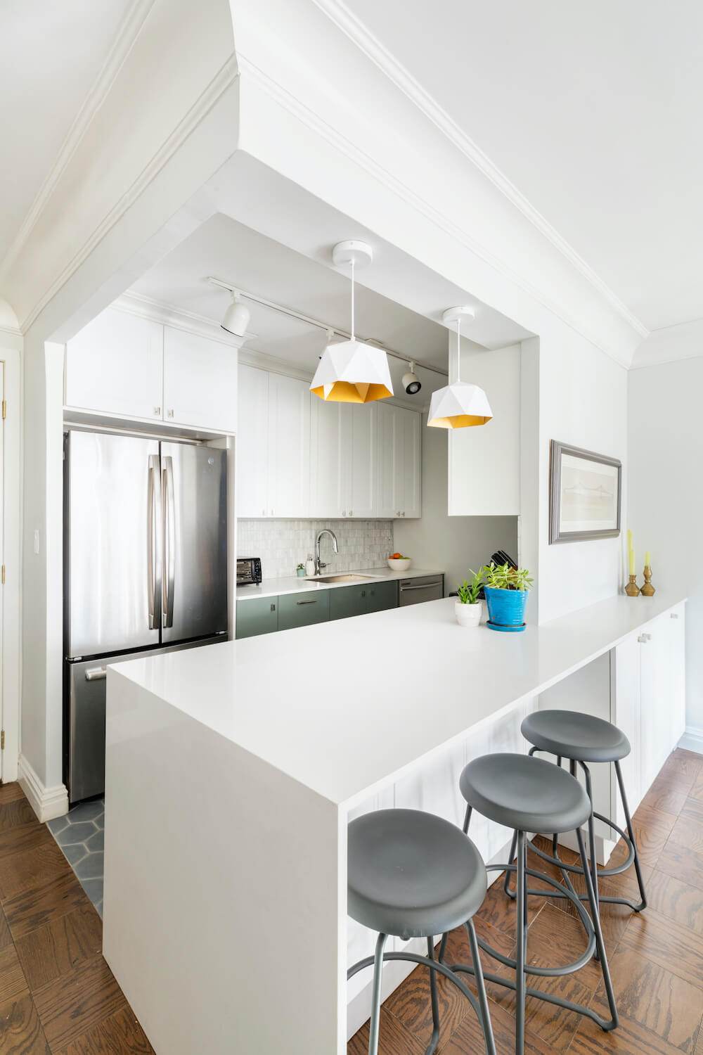 Galley kitchen with bar seating
