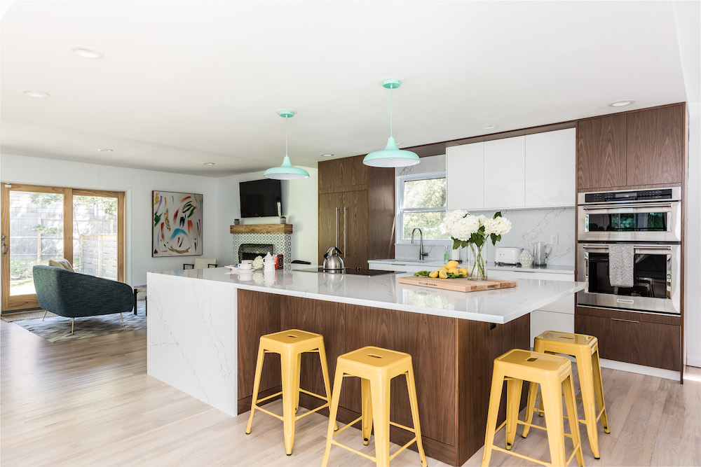 Quartz kitchen island with sink and bar seating