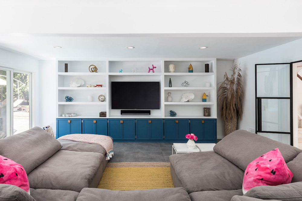Media room with build in bookcase