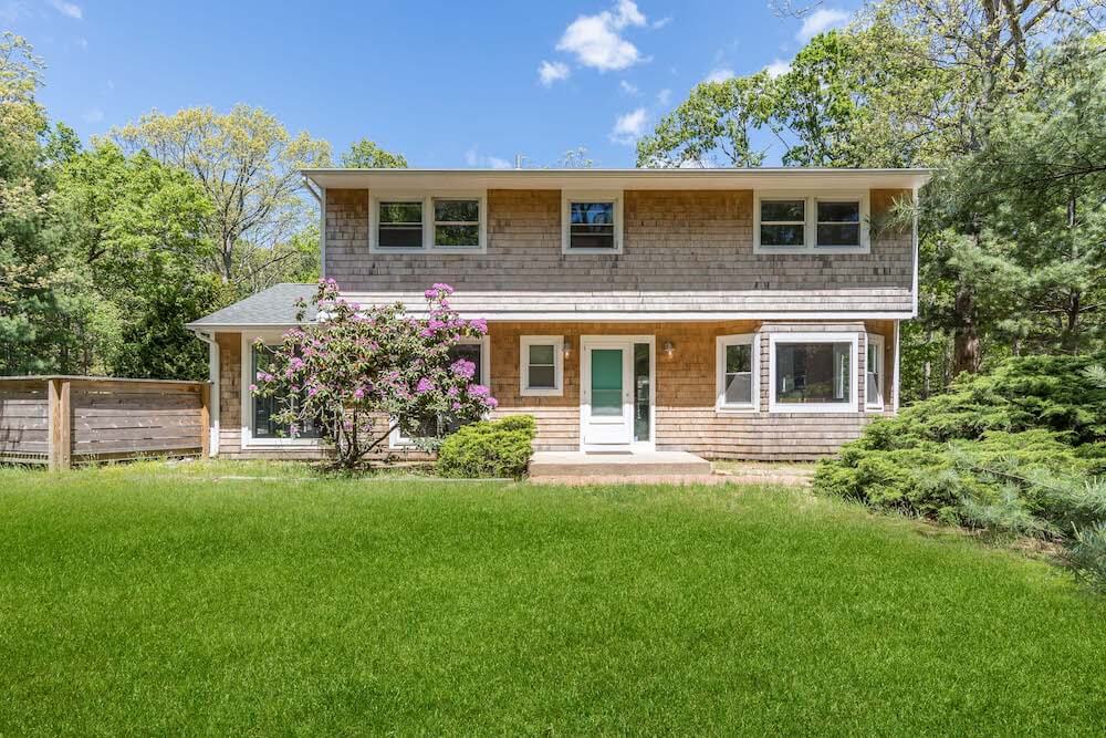 Exterior of the cedar-shingled East Hampton home