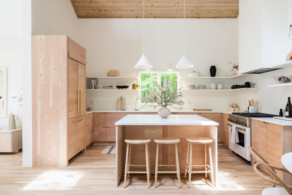 natural wood Kitchen cabinets white island with bar seating