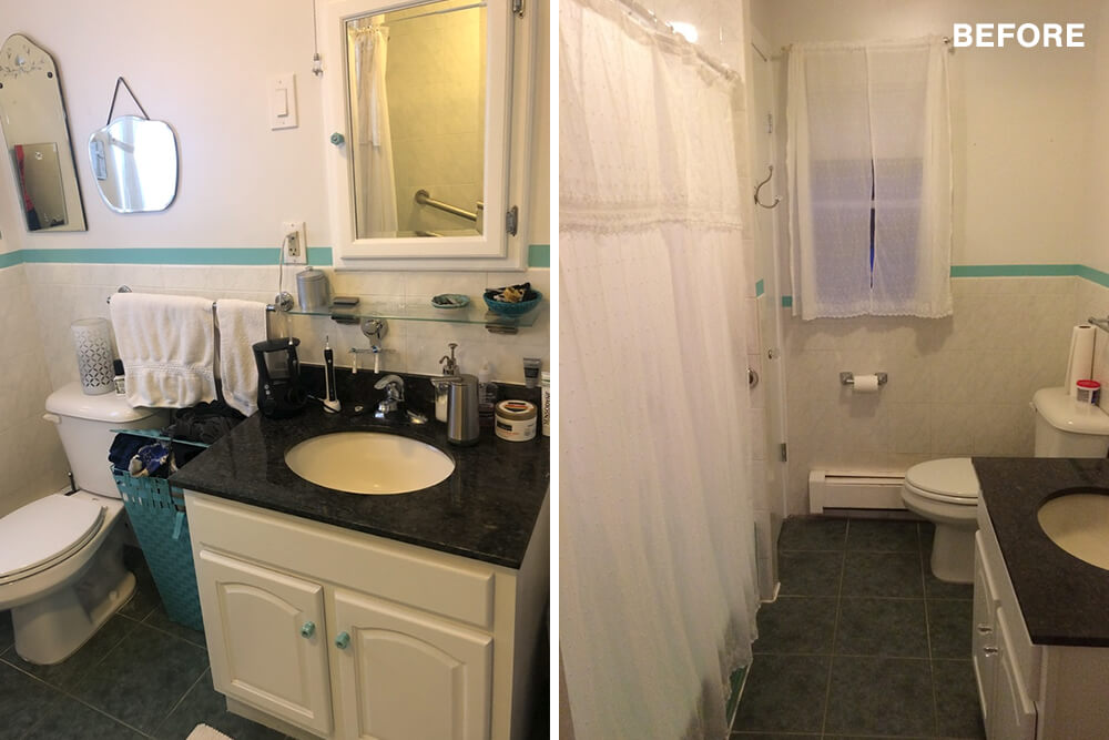 Split image of the bathroom before renovations