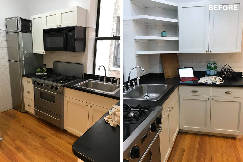 Split image of the kitchen before renovation
