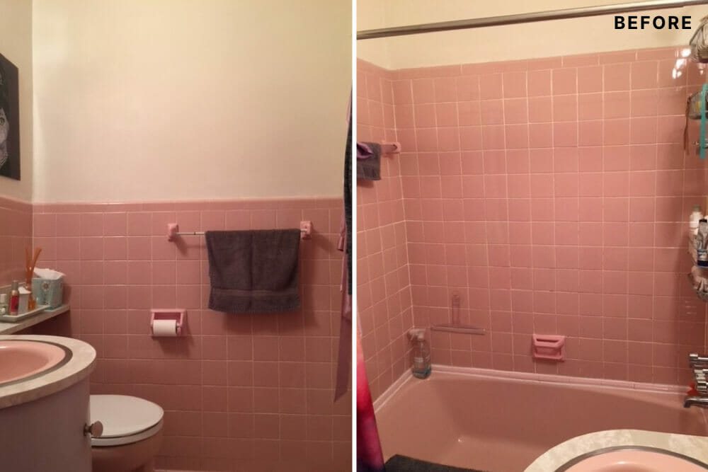 Pink bathtub in a pink bathroom before renovation