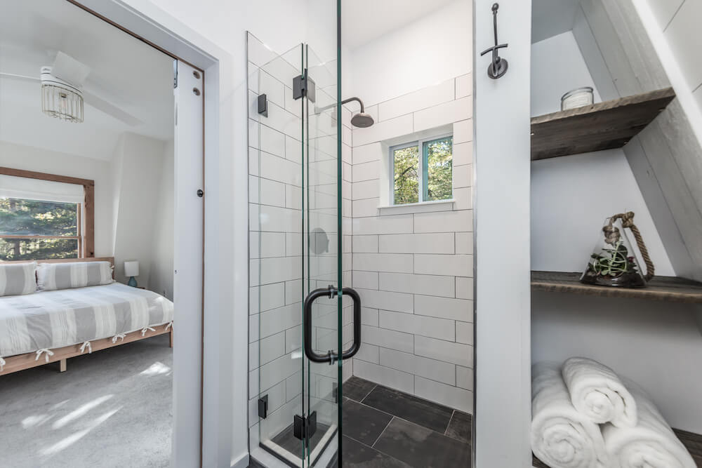 Riverhead bathroom remodel with walk in shower and triangular storage nook