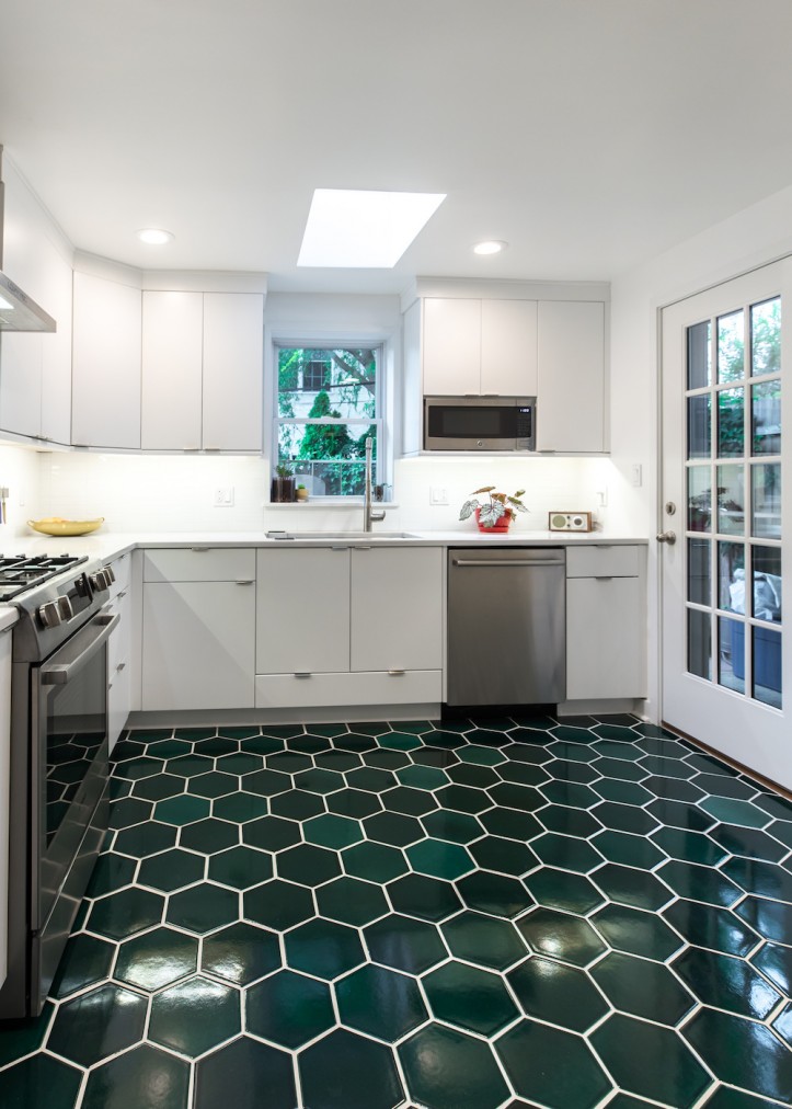 kitchen renovation, Philadelphia, kitchen, emerald green floor tile, white quartz countertops, white cabinets, stainless steel appliances