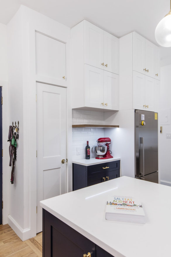 Park Slope, kitchen, blue cabinets, white cabinets, gold hardware