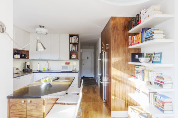 white kitchen walnut built ins