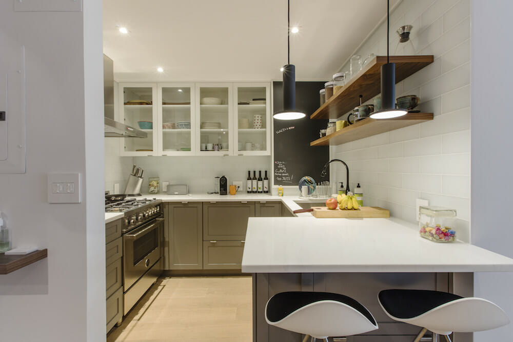 peninsula kitchen layout with see-through kitchen cabinets